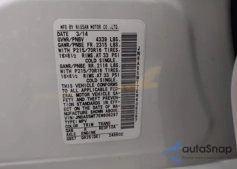 2014 Nissan Rogue Select S z USA, uszkodzony, nr VIN JN8AS5MT7EW608297